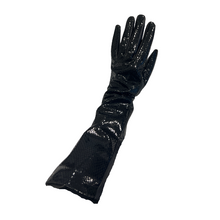 Load image into Gallery viewer, A pair of long black leather gloves for women, with a shiny texture and designed to reach mid-forearm.
