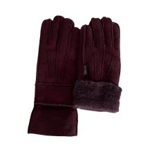 Load image into Gallery viewer, A pair of dark purple sheepskin gloves with fur lining at the cuffs.