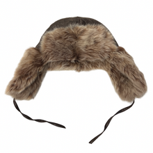 Load image into Gallery viewer, A brown fur lined Nappa sheep fur trapper hat with adjustable leather band on a mannequin.