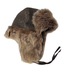 Įkelti nuotrauką į galerijos peržiūros programą, A brown fur lined Nappa sheep fur trapper hat with adjustable leather band on a mannequin.