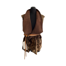 Load image into Gallery viewer, A brown sheepskin reversible vest with a collar and tie belt, displayed on a mannequin.