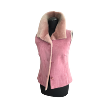 Load image into Gallery viewer, A pink Toscana sheared sheepskin fur vest on a mannequin, featuring a fitted silhouette with button fastening at the front.