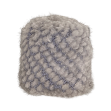 Load image into Gallery viewer, A knitted mink fur cap with a visually textured design in shades of gray and white.