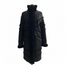Įkelti nuotrauką į galerijos peržiūros programą, Vilniaus Kailiai Mod. 08351xxx coat in dark wool fabric, shown with front view and button details.