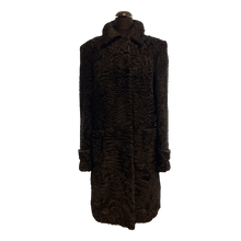 Load image into Gallery viewer, Black astrakhan fur coat, medium length, with light leather trimming, hidden pockets in front.