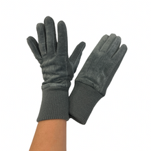 Load image into Gallery viewer, A pair of dark gray winter gloves for women made of premium Italian suede leather, with ribbed knit cuffs.