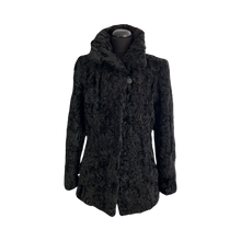 Load image into Gallery viewer, Black astrakhan fur jacket with a regular collar, front pockets, and a lining visible inside the jacket.