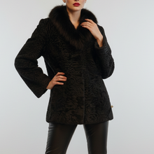Load image into Gallery viewer, Vilniaus Kailiai Mod. 024751xx jacket in black with a zip-up front and stand collar, displayed on a hanger.