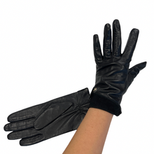 Load image into Gallery viewer, A pair of black leather gloves for women, with suede decoration and a buckle closure.