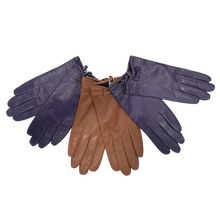 Load image into Gallery viewer, A pair of women's gloves in purple and brown colors, made from premium Italian Nappa leather, displayed with an open wing-like extension.