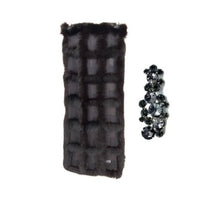 Load image into Gallery viewer, A long black fur scarf with a wide brooch made of black and bordeaux crystals, displayed on a white background.