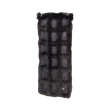Load image into Gallery viewer, A long and wide black shawl with a furry texture, featuring a geometric pattern.