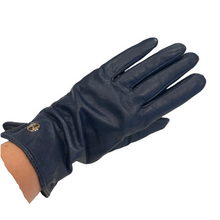 Load image into Gallery viewer, A single blue leather glove for women, showing the palm side with a visible logo, cut-out patterns, and fastener details.