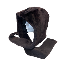 Load image into Gallery viewer, A dark violet spacy shared rabbit fur hood with the scarf to adjust the width