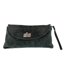 Load image into Gallery viewer, A dark green suede crossbody bag with a metal clasp and detachable shoulder strap.
