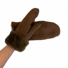 Load image into Gallery viewer, A pair of brown sheepskin mittens with fur trim on the cuffs, displayed against a white background.