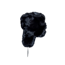 Load image into Gallery viewer, A black fur unisex cap with a visor, made of rabbit fur, displayed on a white background.