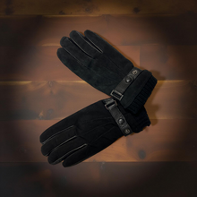 Load image into Gallery viewer, Pair of black gloves with button details on a wooden surface