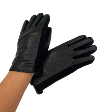 Load image into Gallery viewer, A pair of black leather gloves designed for women, with a visible brand logo on the wrist area.
