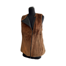 Load image into Gallery viewer, A brown rabbit fur vest with a collar, displayed on a mannequin, featuring a front slanting and two-way zip fastening.