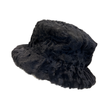 Load image into Gallery viewer, A black astrakhan fur hat with a soft fur design and a lining, displayed on a neutral background.