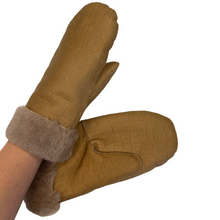 Load image into Gallery viewer, A pair of brown camel sheepskin mittens with fur trim on the cuffs.