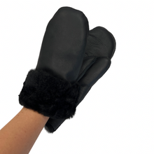 Load image into Gallery viewer, A single black Nappa Merino sheepskin mitten with a shiny silver effect, featuring a fur lining at the wrist.