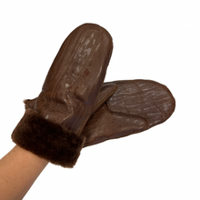 Load image into Gallery viewer, A pair of brown sheepskin mittens with fur lining at the cuffs.