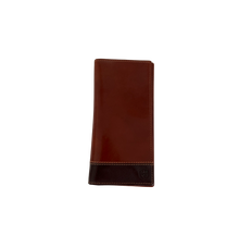Load image into Gallery viewer, A cognac brown bifold nubuck wallet with a secure fastening and visible stitching.