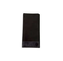 Load image into Gallery viewer, A black and grey bifold nubuck wallet for men displayed against a dark background.