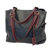 Load image into Gallery viewer, A women's handbag with dark brown leather exterior, darker gray interior, and red accents. It has two handles and a detachable shoulder strap.