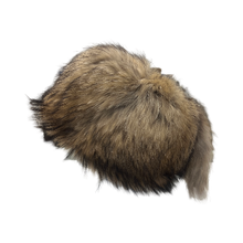 Load image into Gallery viewer, A round, brown raccoon fur cap with a textile lining, displayed on a plain background.