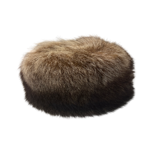 Load image into Gallery viewer, A round, brown raccoon fur cap with a textile lining, displayed on a white background.