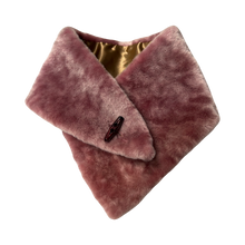 Load image into Gallery viewer, A pink sheepskin fur scarf with a button fastening, displayed on a flat surface.