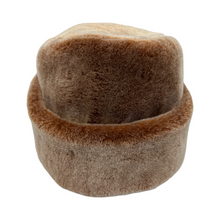 Load image into Gallery viewer, Round brown sheepskin fur cap on white background.