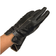 Load image into Gallery viewer, A black leather glove with metal decoration on the wrist, designed for women.