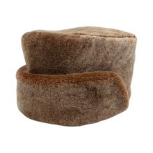 Load image into Gallery viewer, Round brown sheepskin fur cap on white background.
