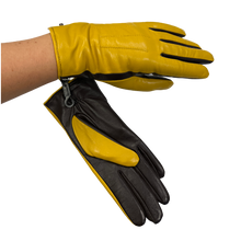 Load image into Gallery viewer, A pair of women's gloves, with black leather palms and a yellow leather back, held up against a neutral background.