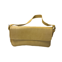Load image into Gallery viewer, A yellow leather handbag with a shoulder strap and a zippered compartment.