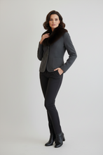Įkelti nuotrauką į galerijos peržiūros programą, A woman models a dark gray wool-blend blazer with a wide dark brown fur collar, paired with black pants and black ankle boots, against a light gray studio background.