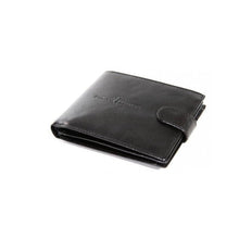 Load image into Gallery viewer, A black Italian Nubuck leather wallet with a snap button closure and a branded card on the back.