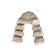 Load image into Gallery viewer, A beige sheepskin fur cap with long furry ear flaps.
