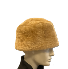 Load image into Gallery viewer, Light brown sheepskin fur cap displayed on a mannequin head.