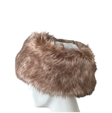 Load image into Gallery viewer, A brown cap-ear warmer made of artificial fur, displayed on a mannequin head.