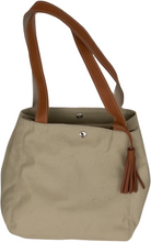 Load image into Gallery viewer, Linen canvas summer handbag with two leather handles and snap closure, multiple pockets.
