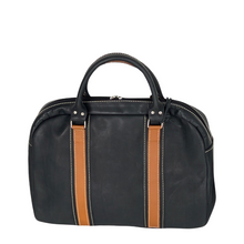Load image into Gallery viewer, A duffel-style weekender bag made of dark green and brown leather, featuring two handles and a zippered closure.