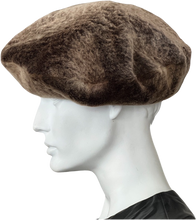 Load image into Gallery viewer, A round beret style brown sheepskin fur cap with a soft fur design and lining, suitable for winter wear, on a white mannequin head.