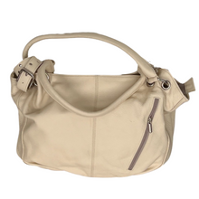 Load image into Gallery viewer, A beige leather handbag with two handles and a zippered compartment.