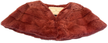 Load image into Gallery viewer, A raspberry  red mink bolero jacket with colourful lining and fur hook fastening at the front on a white background.