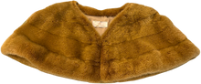 Load image into Gallery viewer, A brown mink bolero jacket with colourful lining and fur hook fastening at the front on a white background.